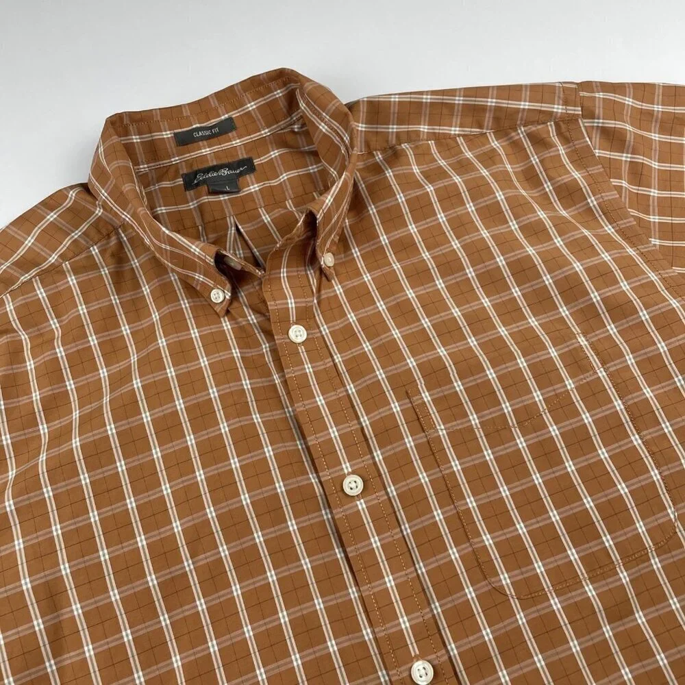 Eddie Bauer Button Up Shirt Men’s L Short Sleeve Check Cotton Blend Lightweight